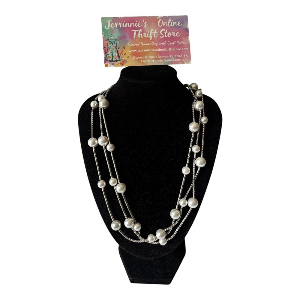 Long Silver Tone Faux Pearl Station Multi Strand Layering Necklace White